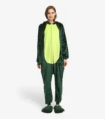 Front view of the warm Dinosaur Pajamas highlighting the bright green belly and relaxed fit.