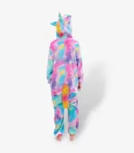 Full back view of a children's fantasy costume highlighting the fluffy multi-colored tail and vibrant pastel fleece.