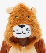 Close-up of the plush Lion Kigurumi hood featuring a fluffy mane and animal face.