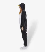 Side view highlighting the soft black fleece material of the Penguin Onesie For Adults.