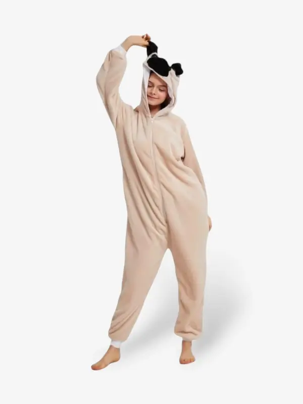 Woman playfully holding the ear of her comfortable Pug Onesie For Adults.