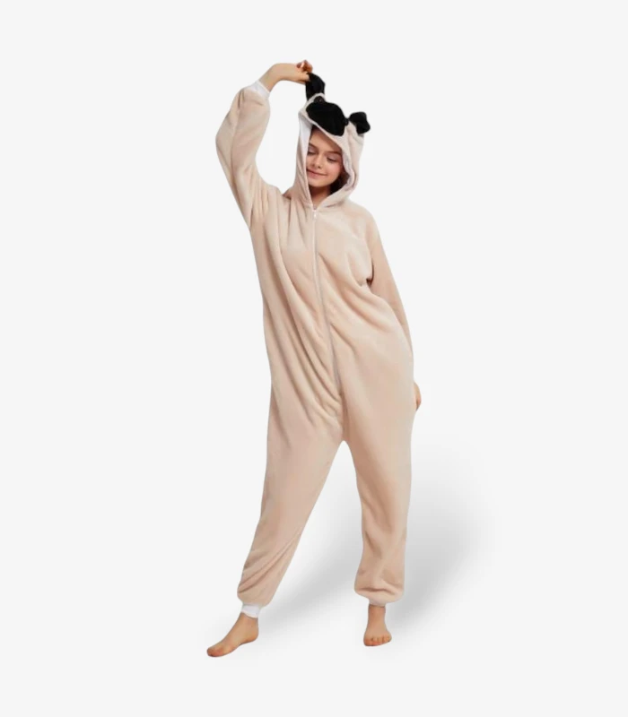 pug-onesie-for-adults Woman playfully holding the ear of her comfortable Pug Onesie For Adults.