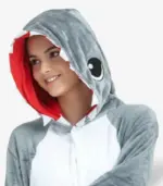 Close-up of the Shark Kigurumi hood featuring soft white teeth and a bright red interior.