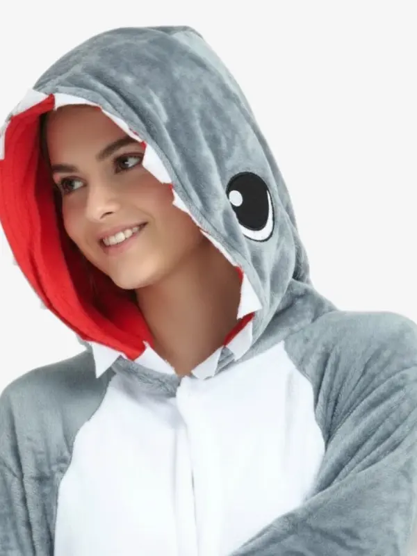 Close-up of the Shark Kigurumi hood featuring soft white teeth and a bright red interior.