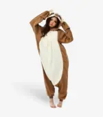 Woman wearing the comfortable brown Sloth Onesie for Adults pajama costume.