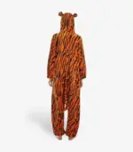 Back view of the striped tiger kigurumi showing the full orange and black pattern and attached tail.