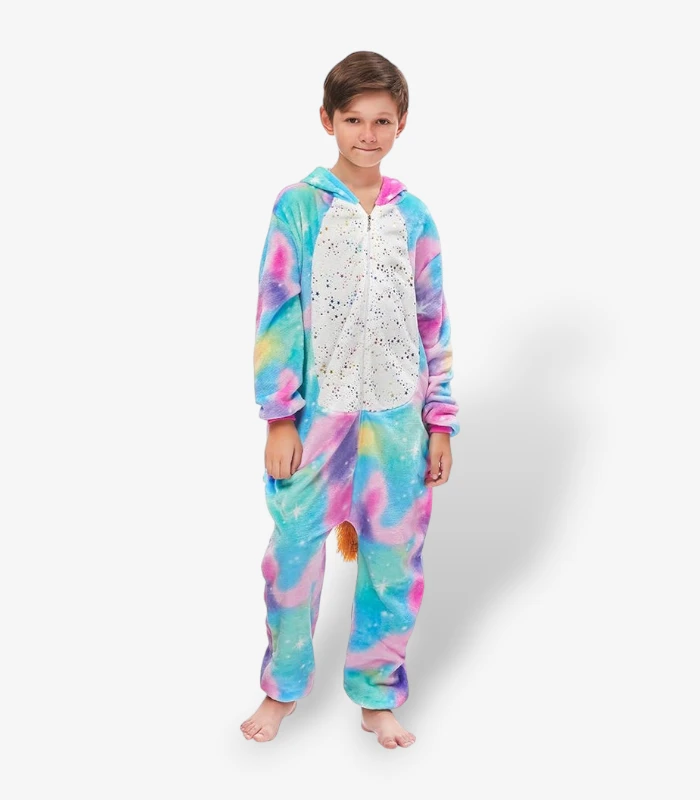 unicorn-onesie-for-kids-front standing straight wearing a bright galaxy-patterned Unicorn Onesie for Kids against a light background.