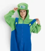 Luigi Costume For Adults front standing view holding hat brim